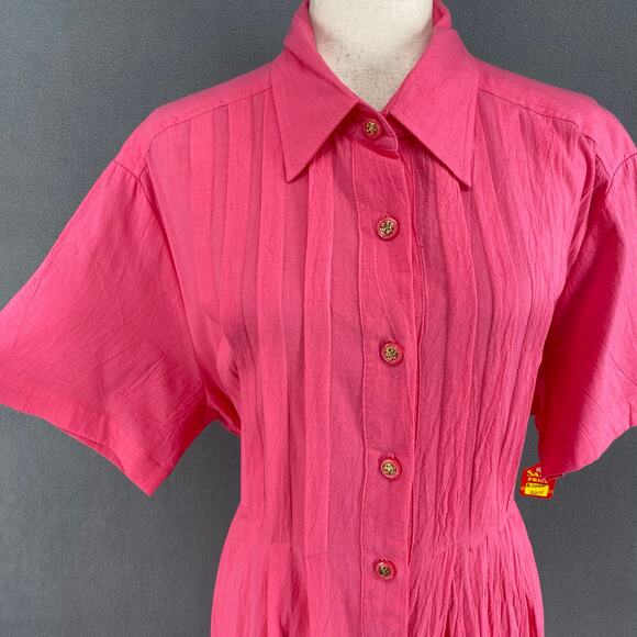 Vtg 80s 90s Two Potato Button Down Tie Back Short Sleeve Maxi Dress XL Pink NOS - Picture 5 of 16